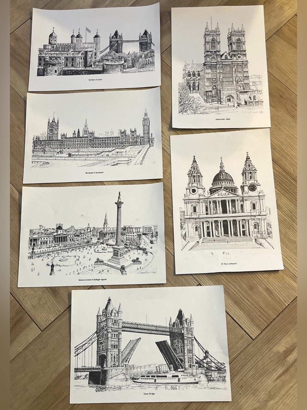 Vintage London Historical Landmark Printed Pen & Ink Etchings by Bernard Smith